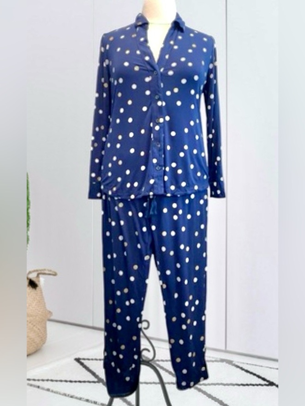 Soma XXL Cool Nights Pajama Set Navy Metallic Gold Polka Dot Long Sleeve & Pants